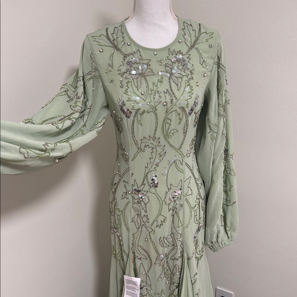 NWT Embellished Green Maxi Dress with Balloon Sleeves